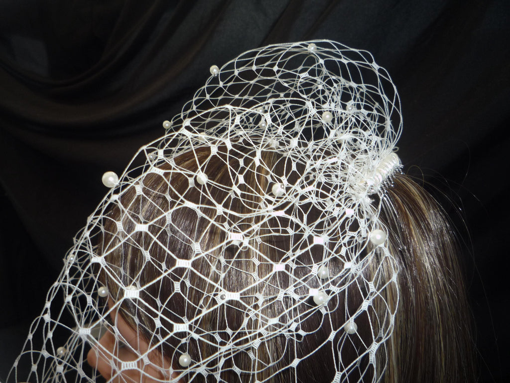 Ivory Birdcage veil 12" wedding veil with pearls.
