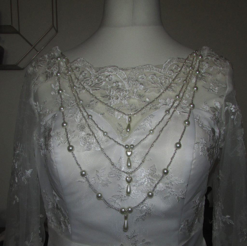 Crystal Pearl Drop Heart Draped Wedding Necklace: Front or back Silver Bridal Body Chain