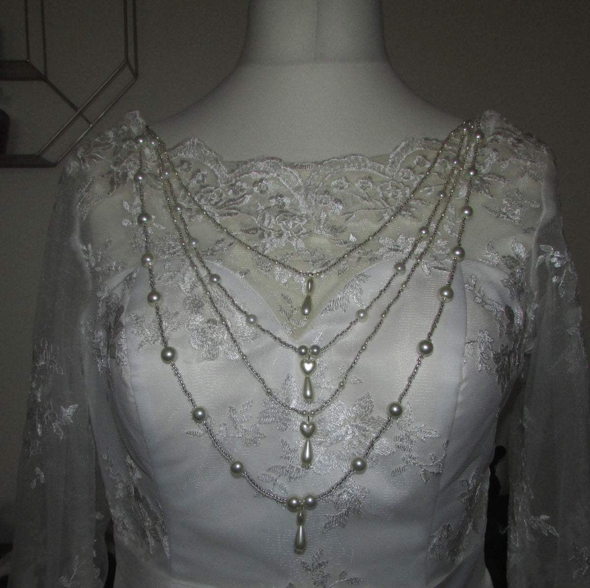Crystal Pearl Drop Heart Draped Wedding Necklace: Front or back Silver Bridal Body Chain