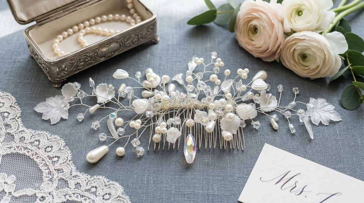 Bridal hair comb. Crystals, Pearls, Hearts, Swarovski crystal beads. Wedding headpiece. 9.5 Inch wide