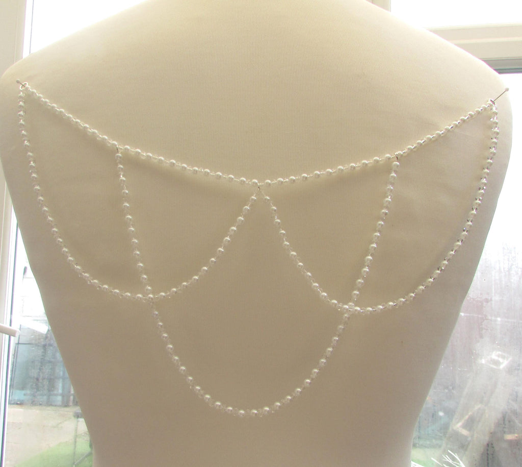 Crystal and Pale Ivory Pearl Loop back drape necklace 3 rows bridal chains wedding dress accessory.