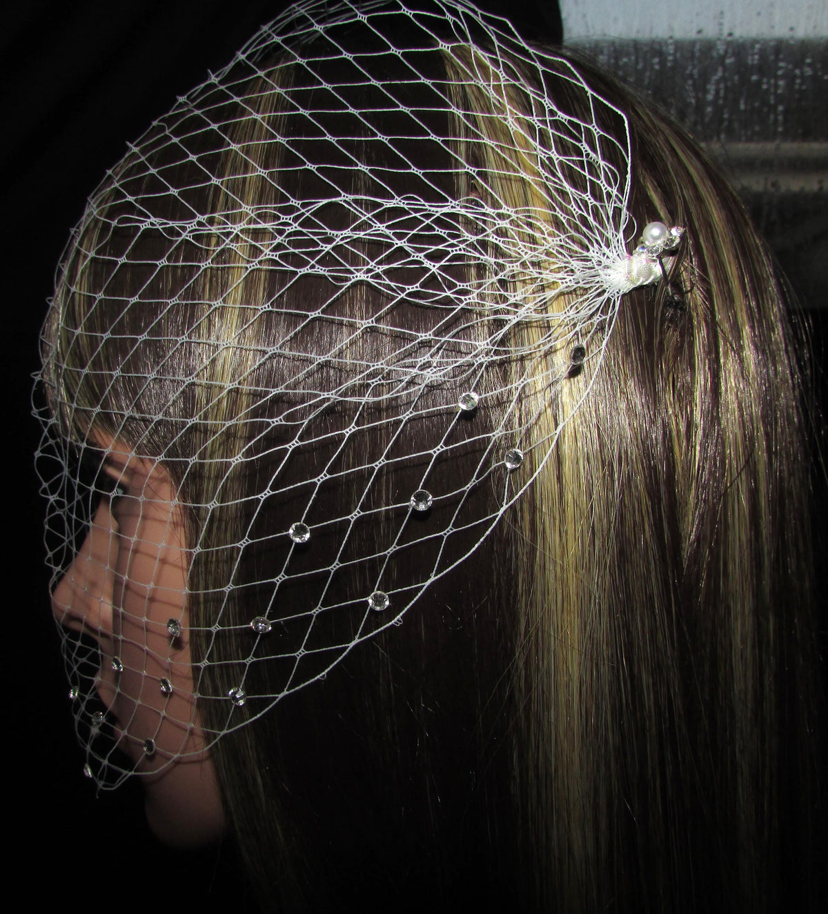 Ivory Birdcage Wedding Veil Diamante Rhinestone edged, Bandeau Style with Diamante hair pins 8 inch veil.