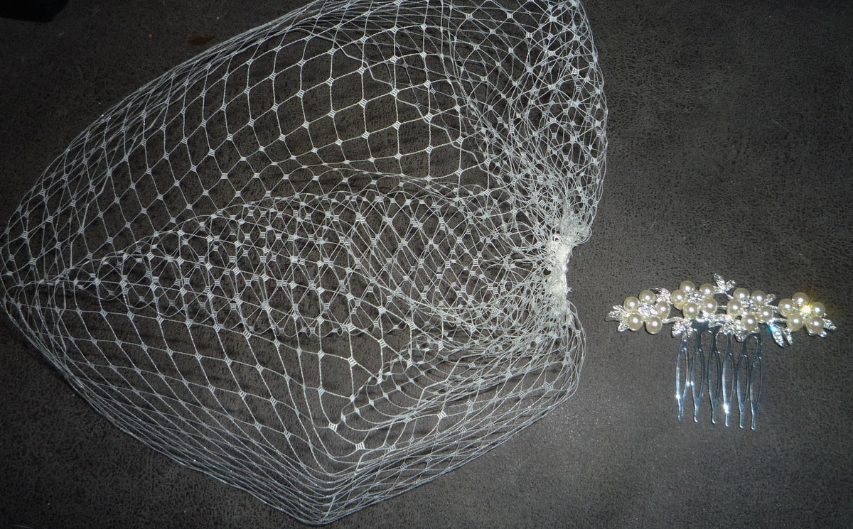Birdcage veil wedding veil Diamante and Ivory Pearl comb.