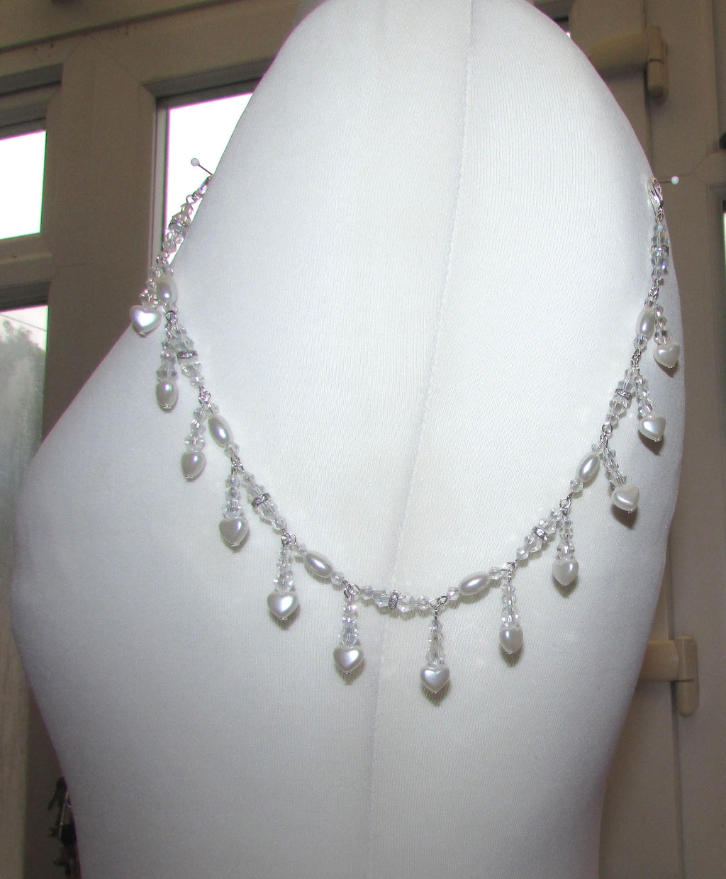 Shoulder Arm Chains Crystal and Pearl Heart drops Epaulettes with rice pearls. Handmade Silver Body Jewellery 1 pair