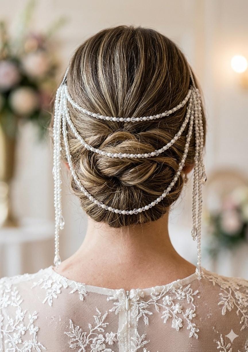 Pearl and crystal teardrops wedding hair chain accessory comb. 3 rows Bridal headpiece accessory.