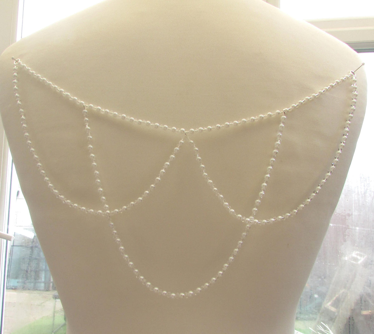 Crystal and Pale Ivory Pearl Loop back drape necklace 3 rows bridal chains wedding dress accessory.