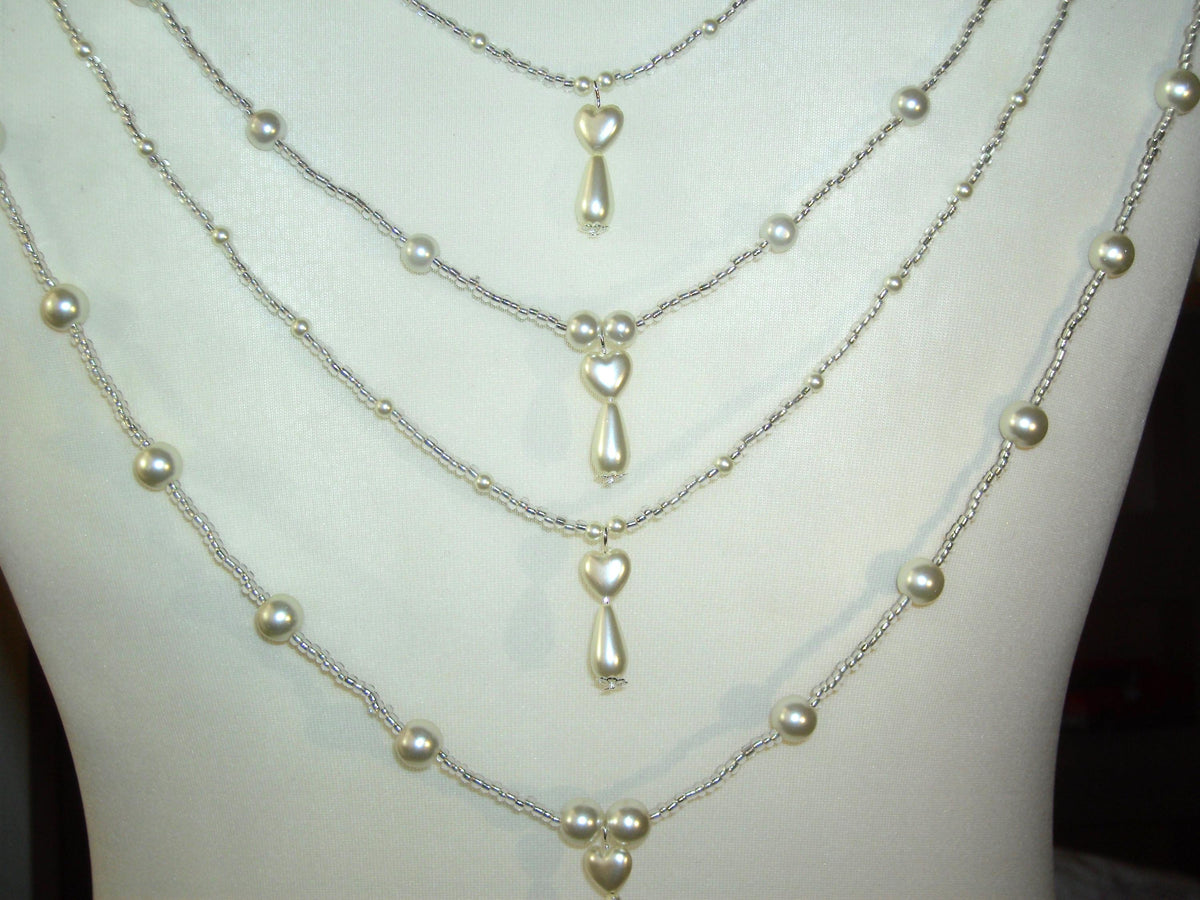 Crystal Pearl Drop Heart Draped Wedding Necklace: Front or back Silver Bridal Body Chain