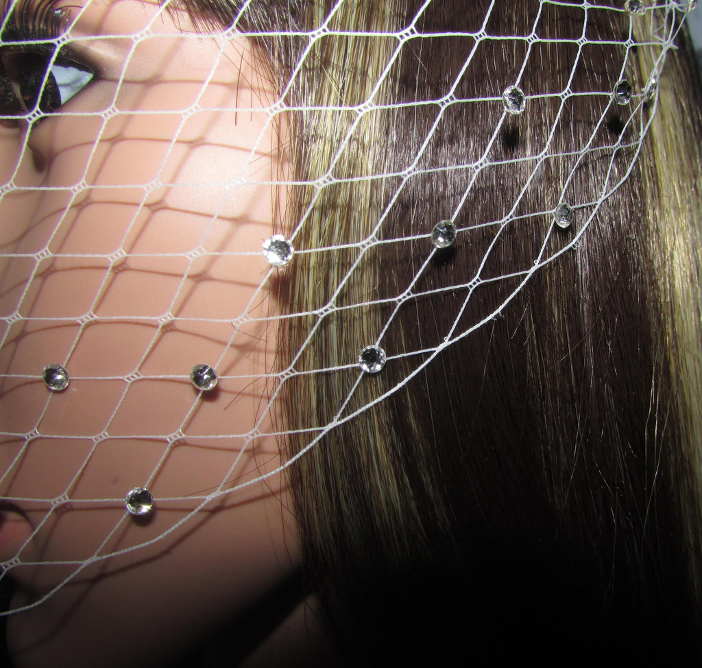 Ivory Birdcage Wedding Veil Diamante Rhinestone edged, Bandeau Style with Diamante hair pins 8 inch veil.