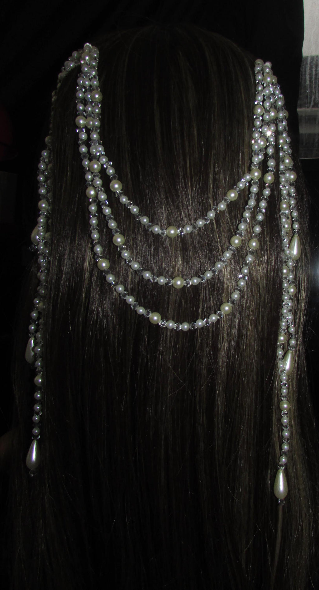 Crystal and pearl teardrop wedding hair chain accessory comb. Choose 2 or 3 rows. Bridal headpiece.