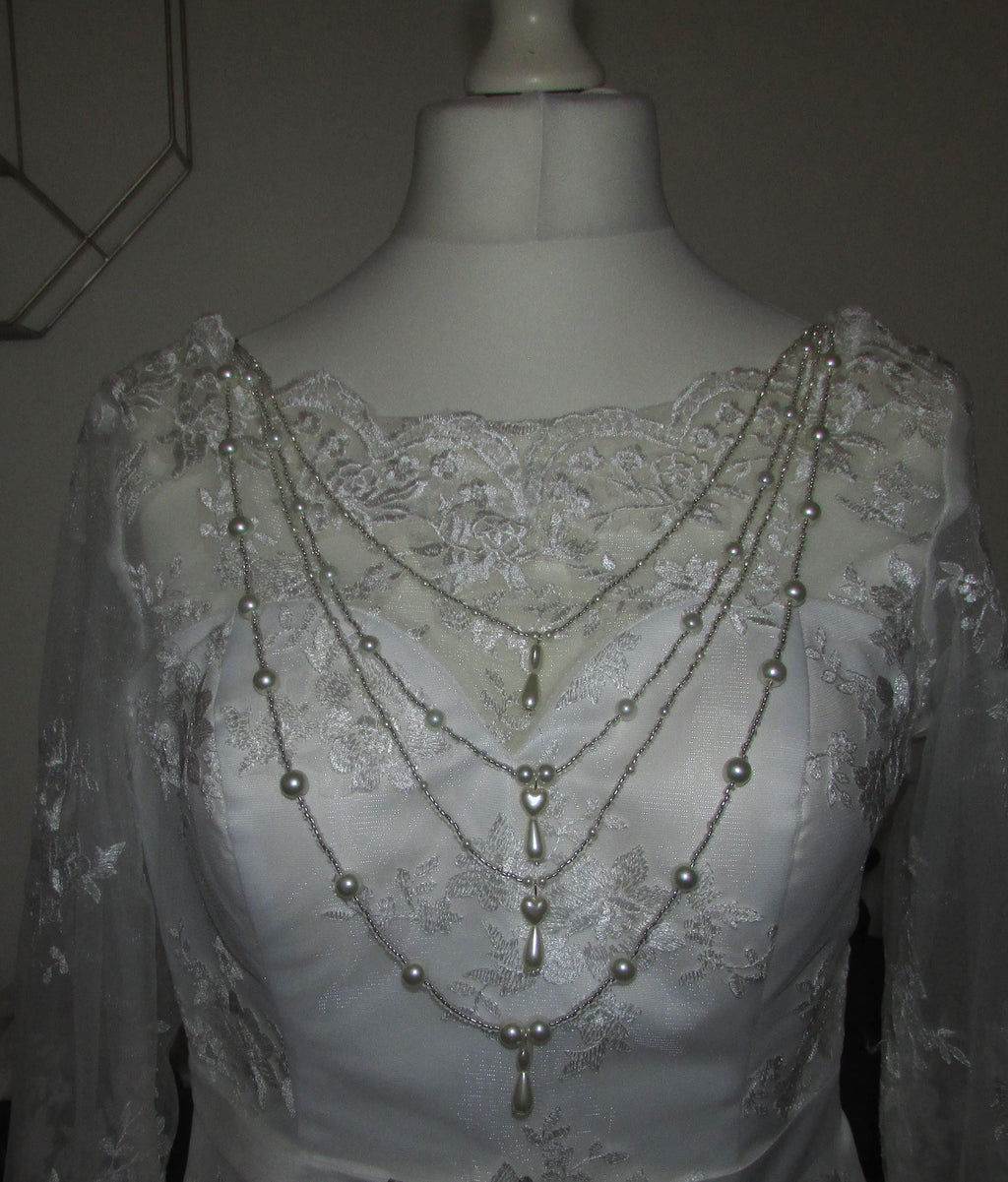 Crystal Pearl Drop Heart Draped Wedding Necklace: Front or back Silver Bridal Body Chain