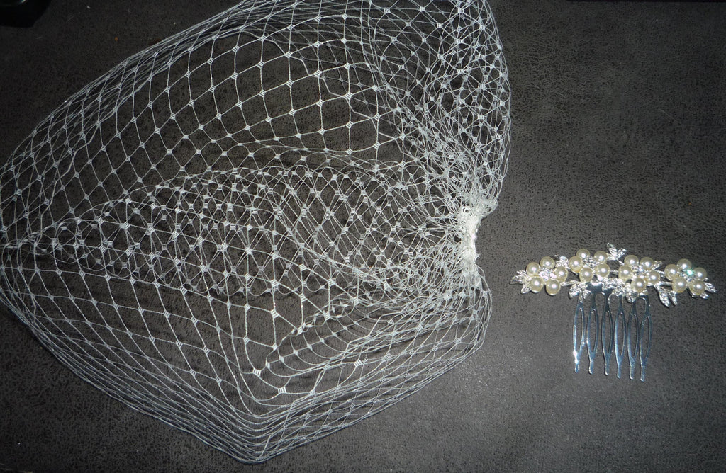 Birdcage veil wedding veil Diamante and Ivory Pearl comb.