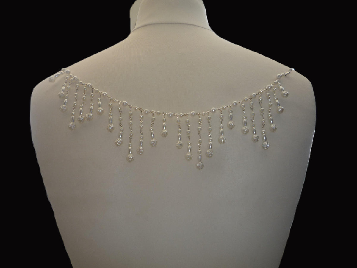 Pearl Back Necklace Rose Pearls Tassels, Brides Wedding draped necklace Body Chain