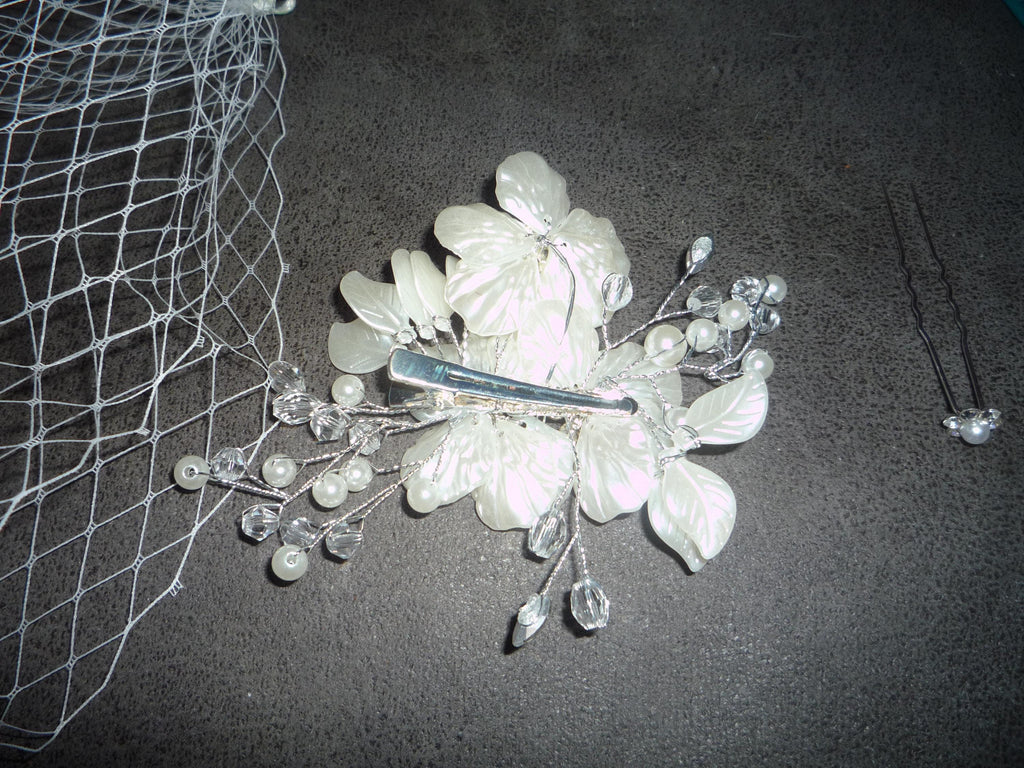 Birdcage veil bandeau 8 inch wedding veil Ivory Pearl crystal diamante flowers clip.