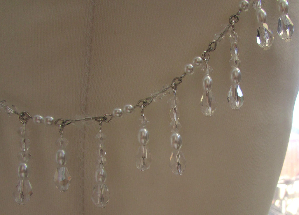 Shoulder Chains Crystal drop Epaulettes:  Treadrop with Crystals, pearls and rice pearls. Handmade Silver Body Jewellery 1 pair