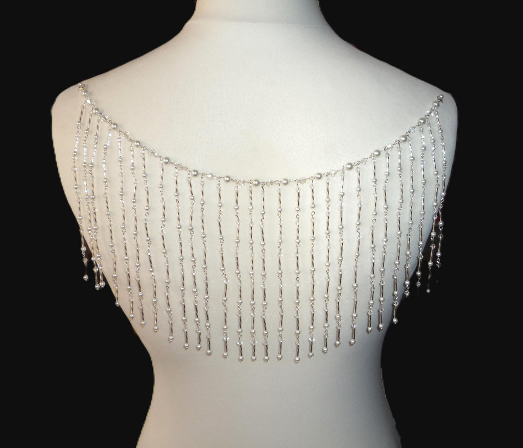 Crystal Pearl Back Drape Necklace Silver Twist Tassels, Brides Wedding draped necklace Body Chain