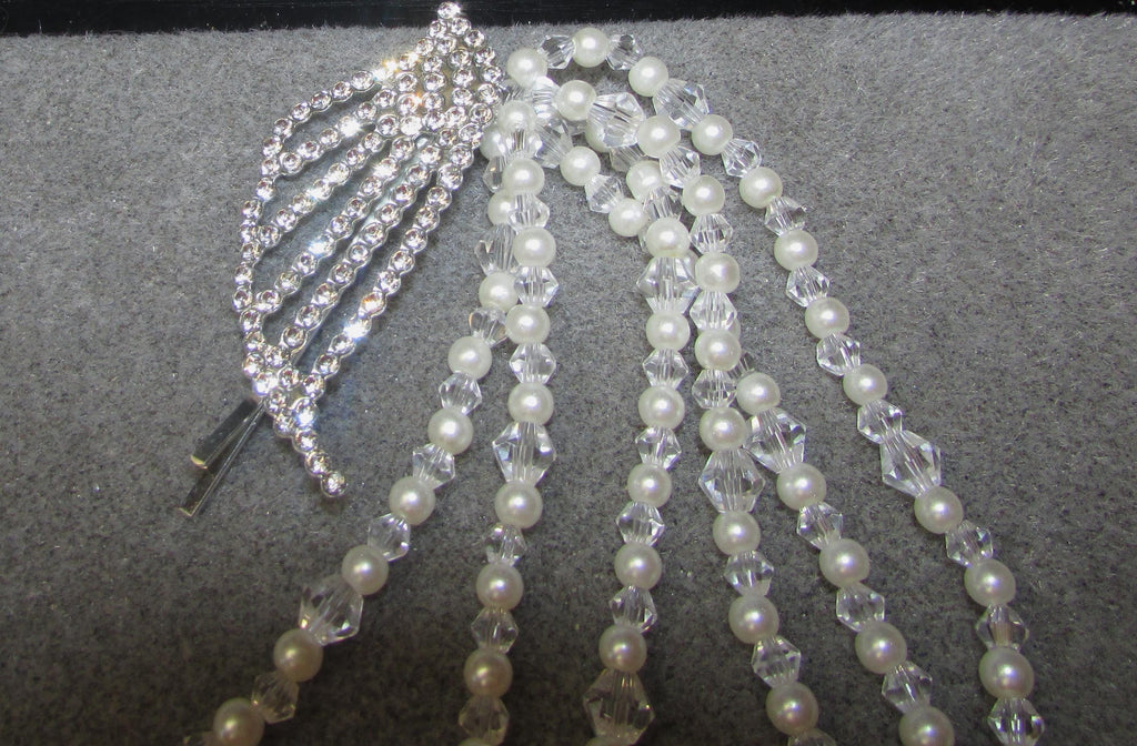 Pearl and crystal teardrops wedding hair chain accessory clip grips. 3 rows Bridal headpiece accessory.