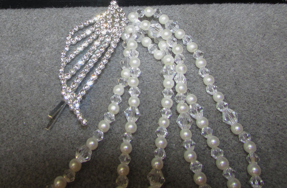 Pearl and crystal teardrops wedding hair chain accessory clip grips. 3 rows Bridal headpiece accessory.