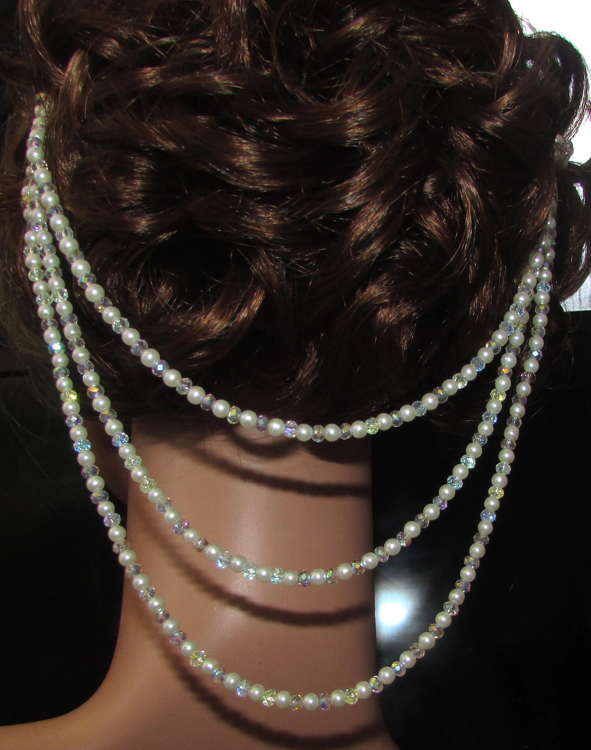 AB Crystal & Pearl Bridal Hair Chain Comb | 3 Row Wedding Headpiece | Handmade Bridal Hair Accessory