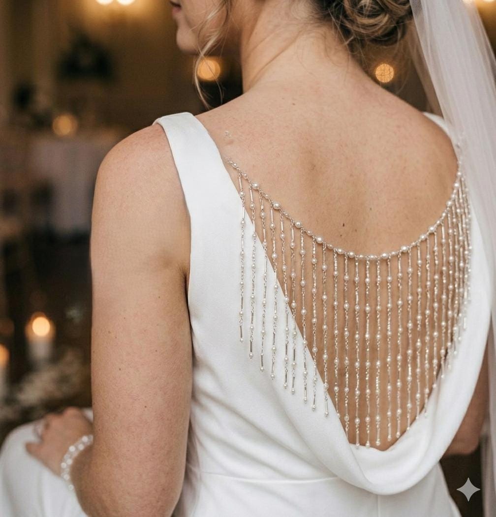 Crystal Pearl Back Drape Necklace Silver Twist Tassels, Brides Wedding draped necklace Body Chain