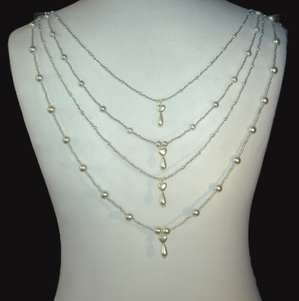 Crystal Pearl Drop Heart Draped Wedding Necklace: Front or back Silver Bridal Body Chain