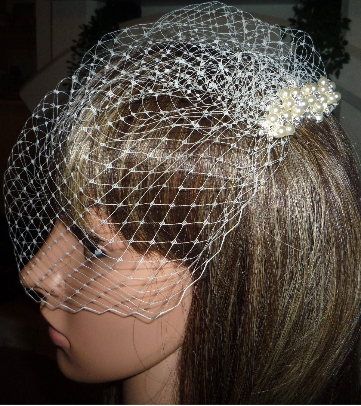 Birdcage veil wedding veil Diamante and Ivory Pearl comb.