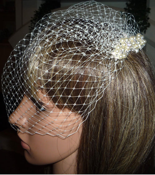 Birdcage veil wedding veil Diamante and Ivory Pearl comb.