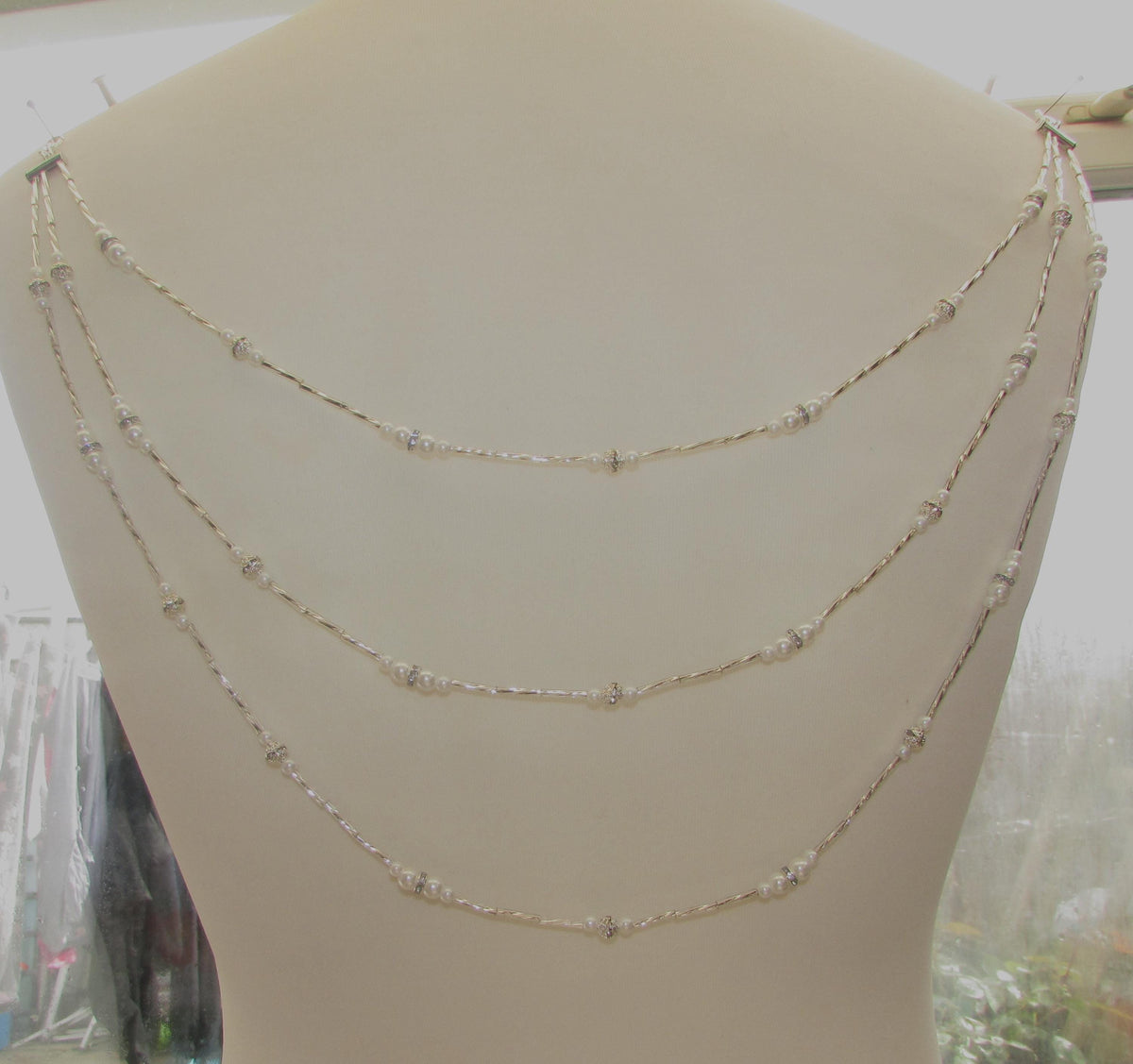Diamantes pearl silver twists Wedding Back Draped chain Necklace: Wedding dress accessory. Handmade Silver Body Chain