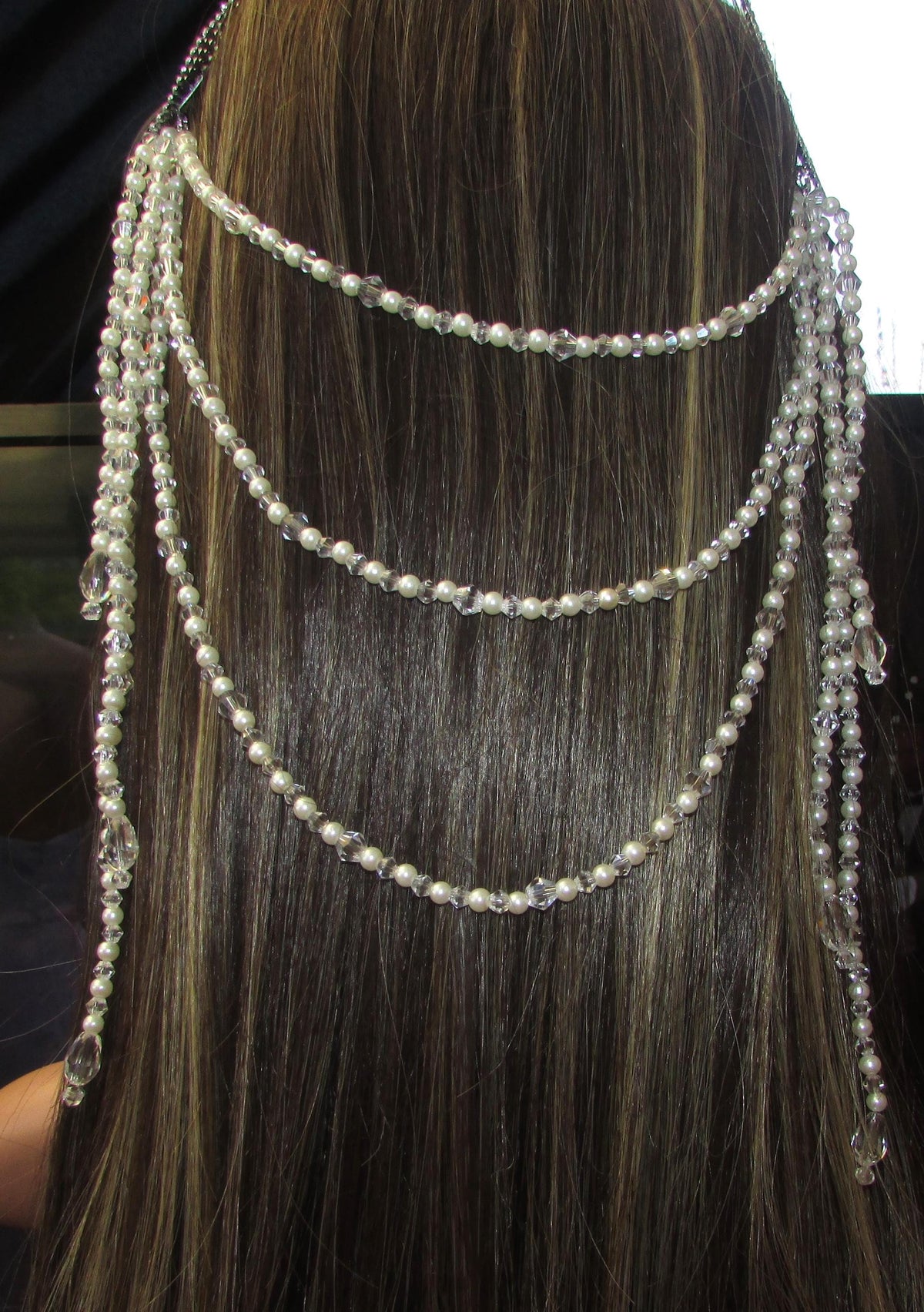 Pearl and crystal teardrops wedding hair chain accessory clip grips. 3 rows Bridal headpiece accessory.