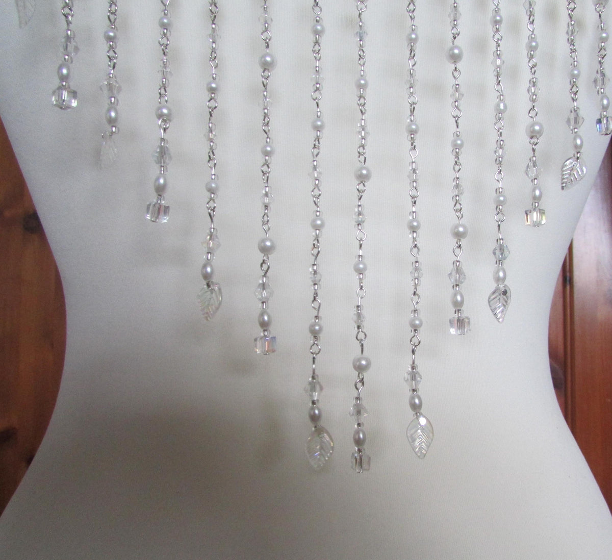 Crystal Pearl Back Drape Necklace AB Cube leaf Tassels, Brides Wedding dress statement draped back Body Chain.