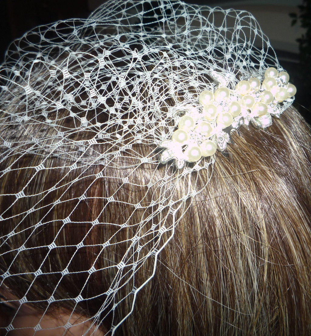 Birdcage veil wedding veil Diamante and Ivory Pearl comb.
