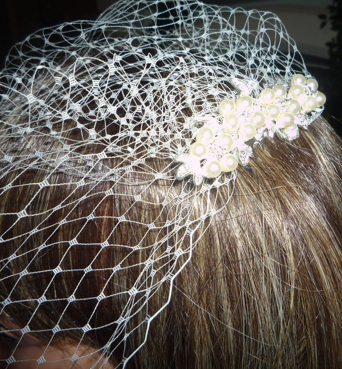 Birdcage veil wedding veil Diamante and Ivory Pearl comb.