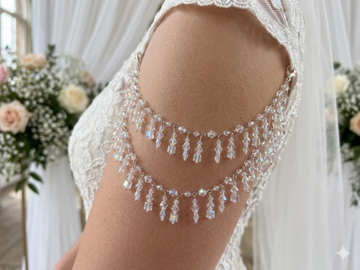 Shoulder Arm Chains Crystal drop Epaulettes AB Crystal cubes. Choose 1 or 2 rows. Silver Body Jewellery pair