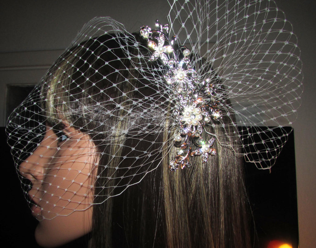 Birdcage veil and Diamante comb set. Ivory Wedding veil. 2 piece set. Bandeau style 8"