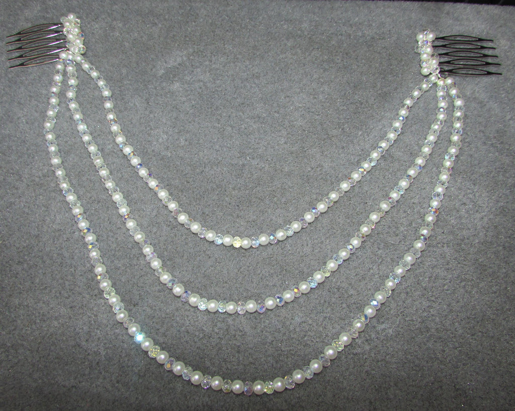 AB Crystal & Pearl Bridal Hair Chain Comb | 3 Row Wedding Headpiece | Handmade Bridal Hair Accessory