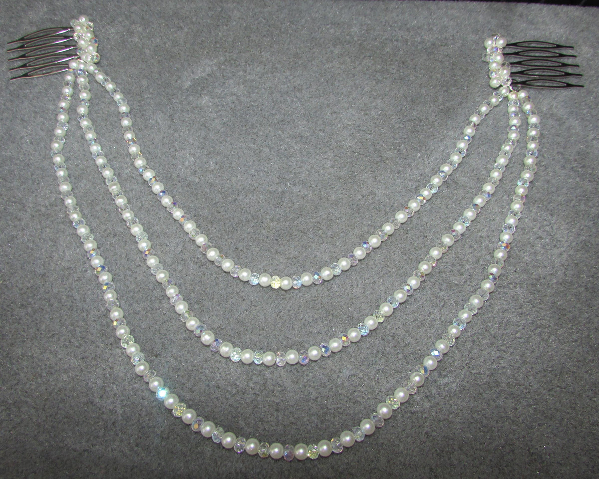 AB Crystal & Pearl Bridal Hair Chain Comb | 3 Row Wedding Headpiece | Handmade Bridal Hair Accessory