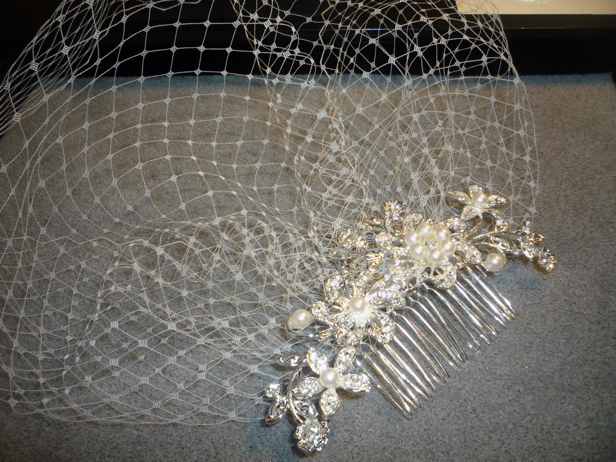 Birdcage veil wedding veil Ivory Diamante and Pearl comb.
