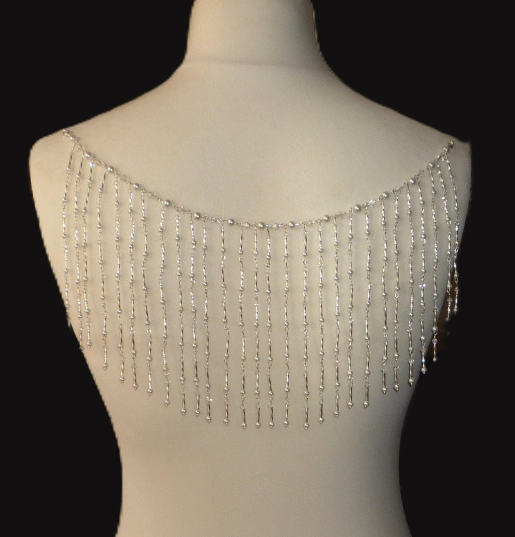 Crystal Pearl Back Drape Necklace Silver Twist Tassels, Brides Wedding draped necklace Body Chain