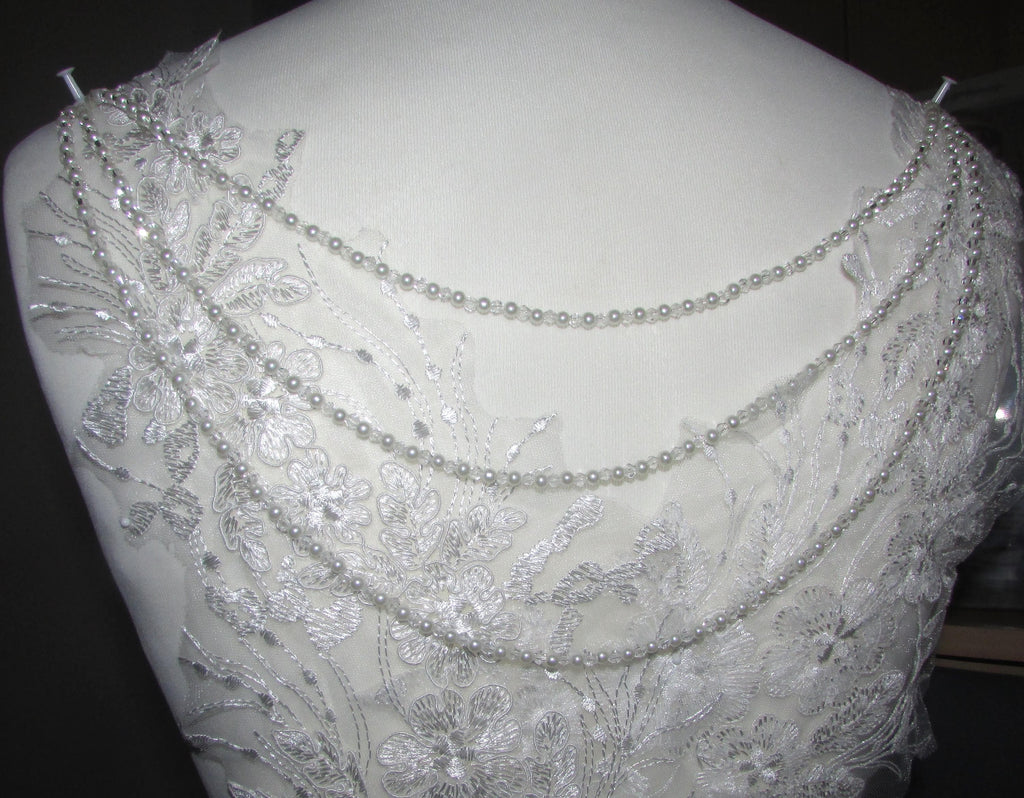 Crystal & Ivory Pearl Bridal Back Drape Chain: Wedding Dress Adornment  3 rows. colour options