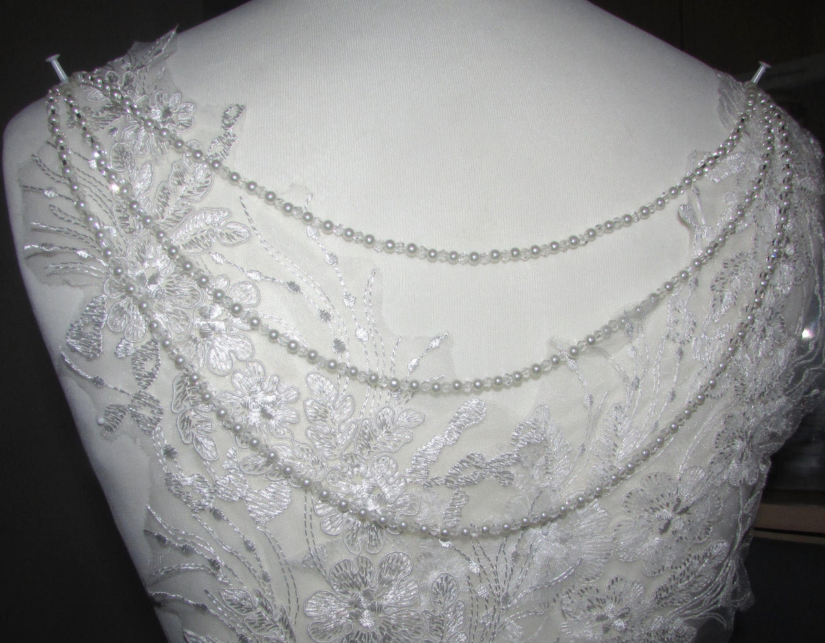 Crystal & Ivory Pearl Bridal Back Drape Chain: Wedding Dress Adornment  3 rows. colour options