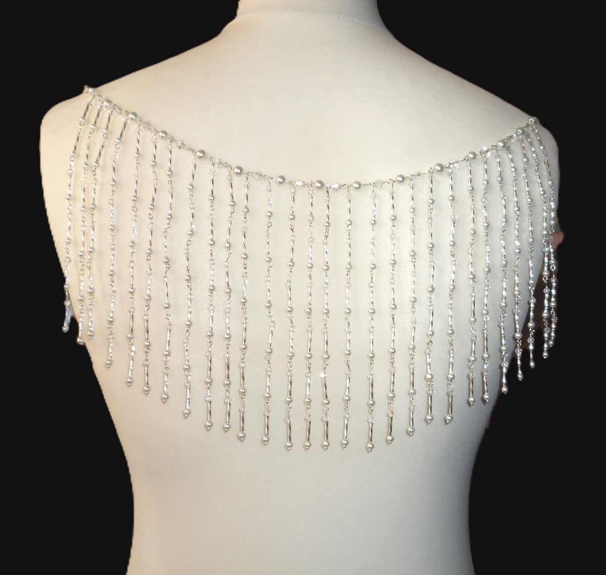 Crystal Pearl Back Drape Necklace Silver Twist Tassels, Brides Wedding draped necklace Body Chain