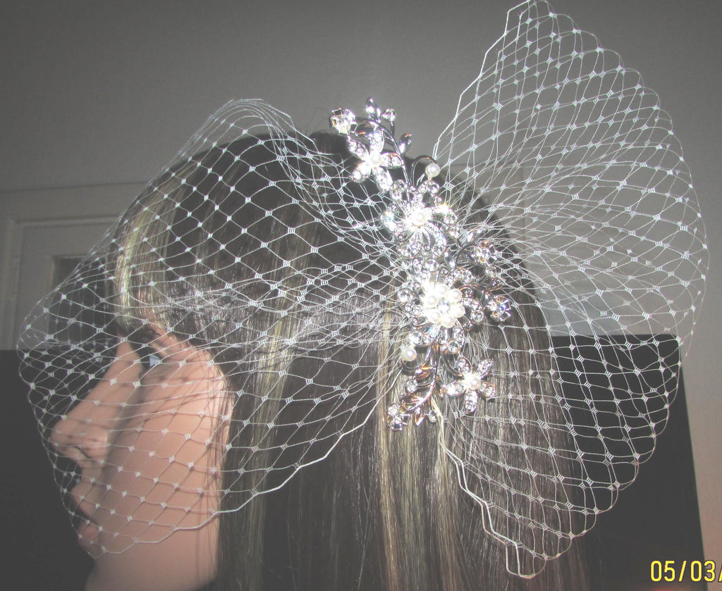 Birdcage veil and Diamante comb set. Ivory Wedding veil. 2 piece set. Bandeau style 8"