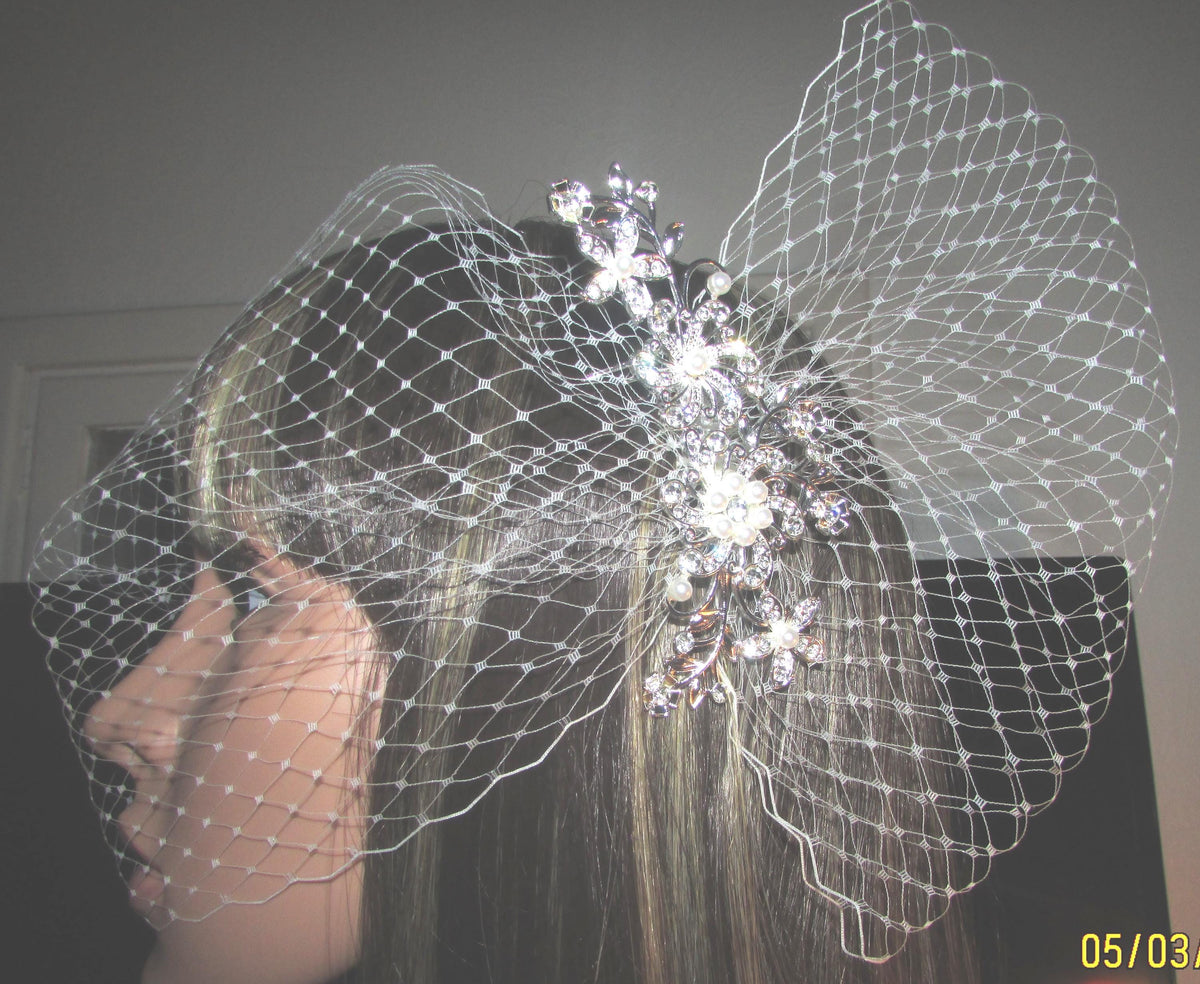 Birdcage veil and Diamante comb set. Ivory Wedding veil. 2 piece set. Bandeau style 8"