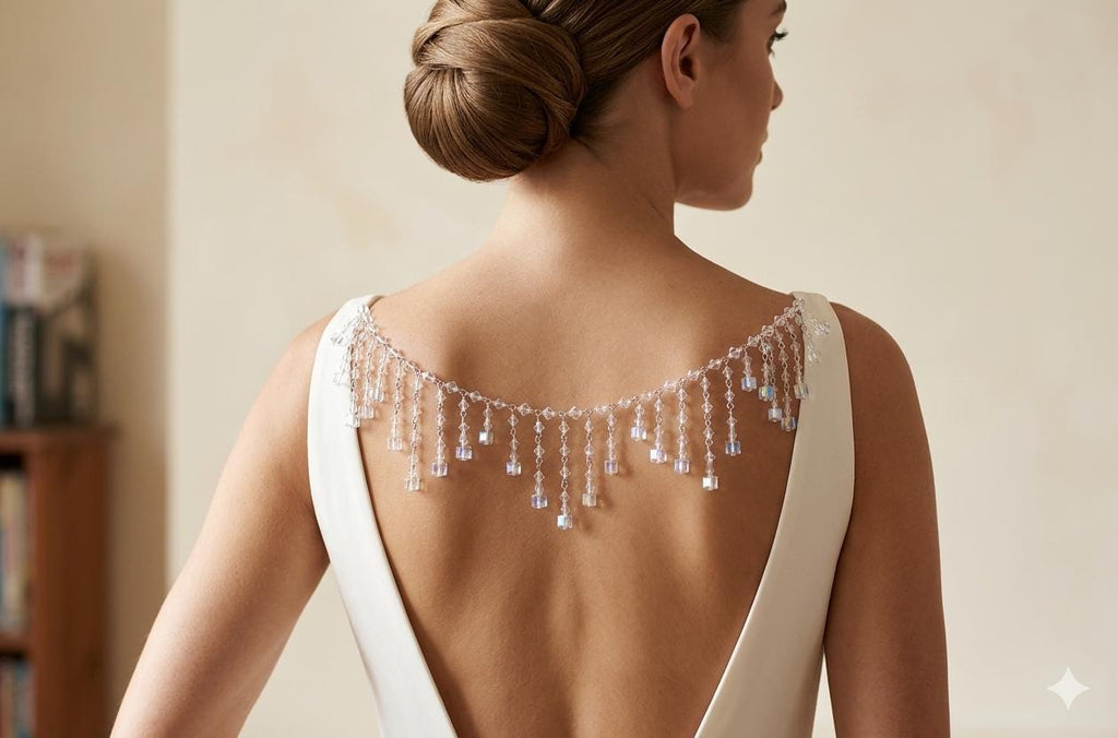 Crystal Back Necklace AB Cube Tassels, Brides Wedding draped necklace Body back Chain jewelery