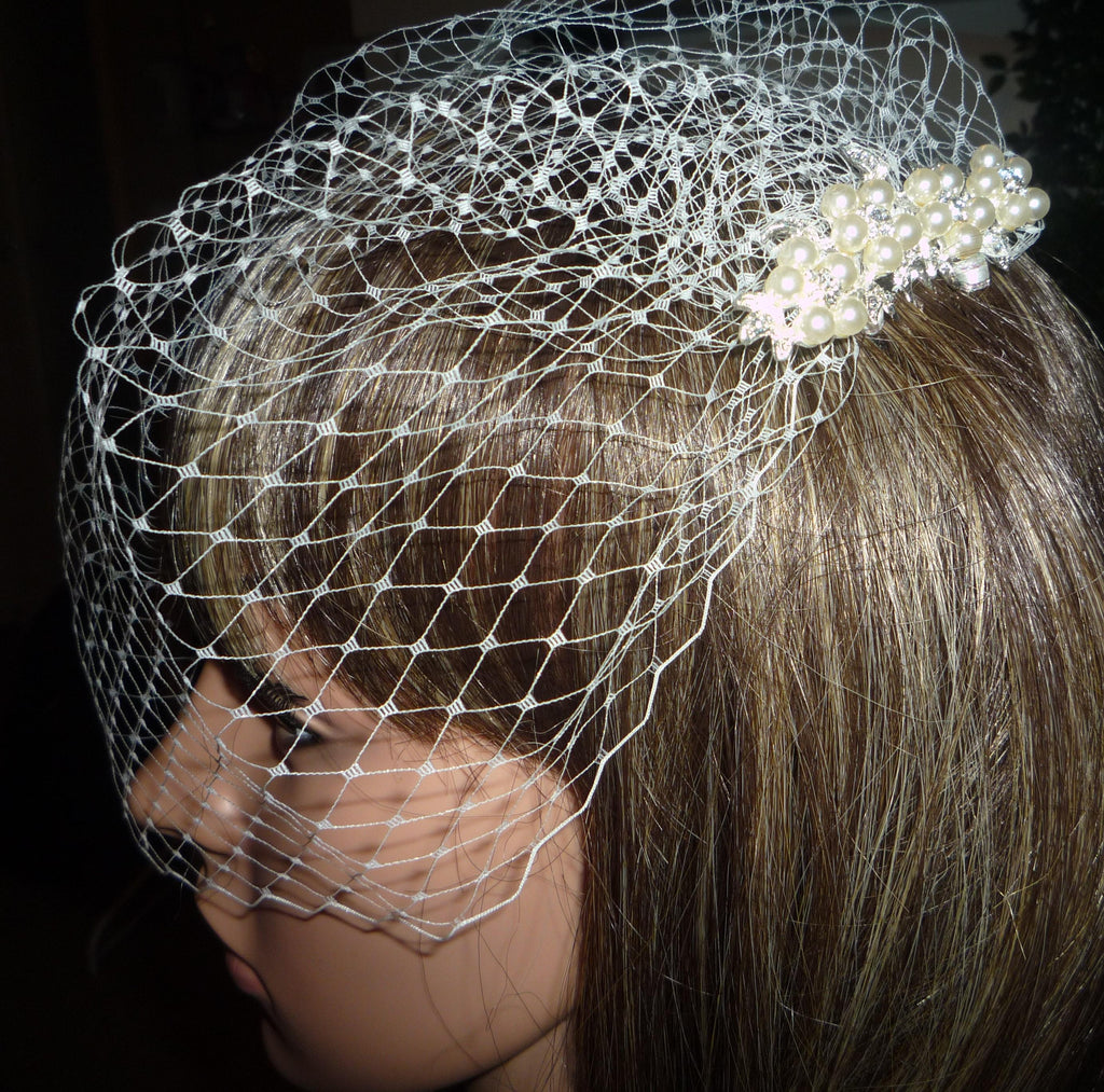 Birdcage veil wedding veil Diamante and Ivory Pearl comb.