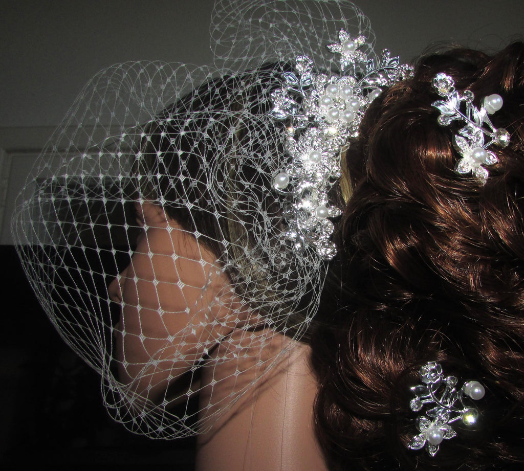Birdcage veil wedding veil Ivory Diamante and Pearl comb with 2 matching head pins.