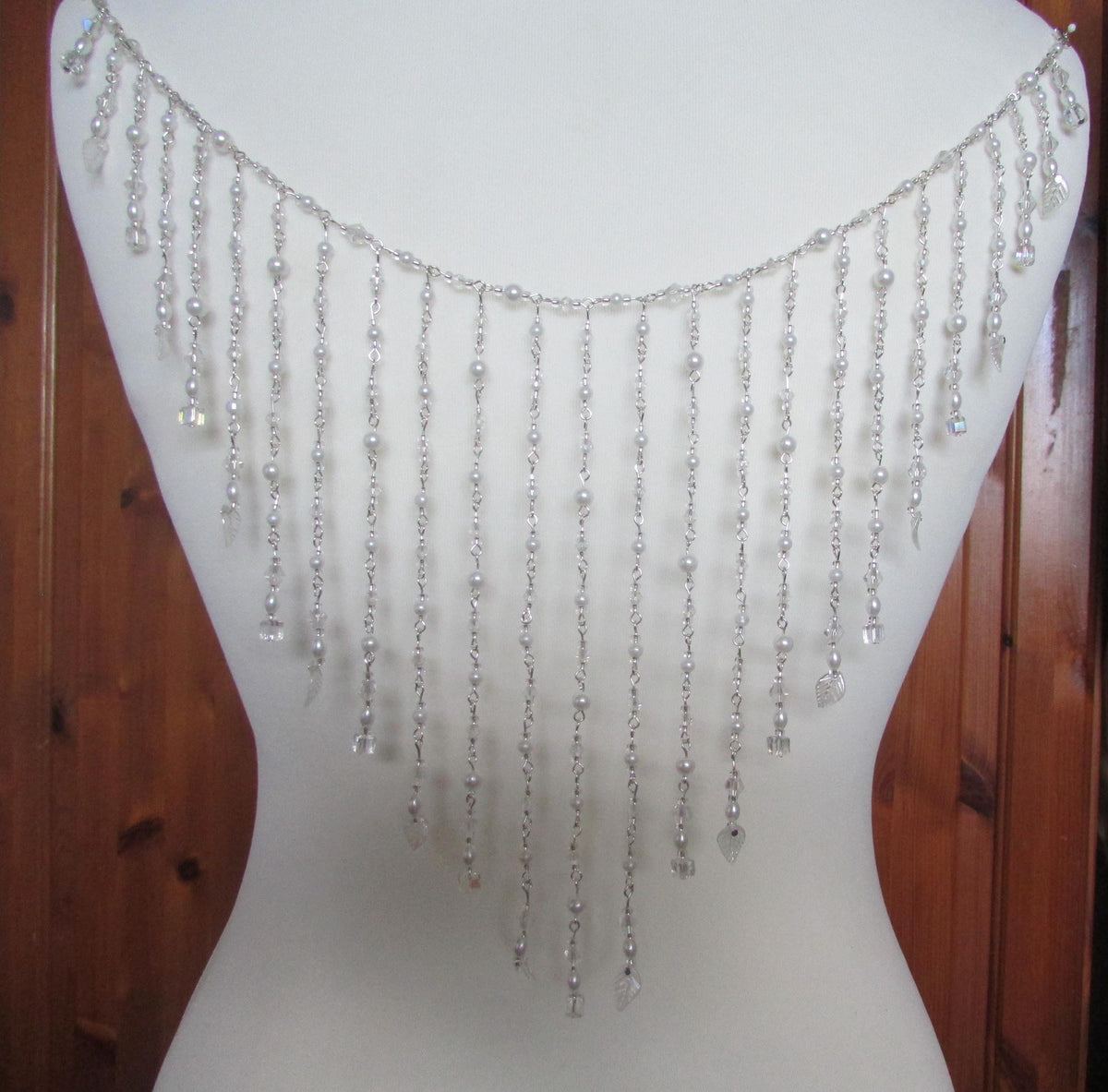 Crystal Pearl Back Drape Necklace AB Cube leaf Tassels, Brides Wedding dress statement draped back Body Chain.
