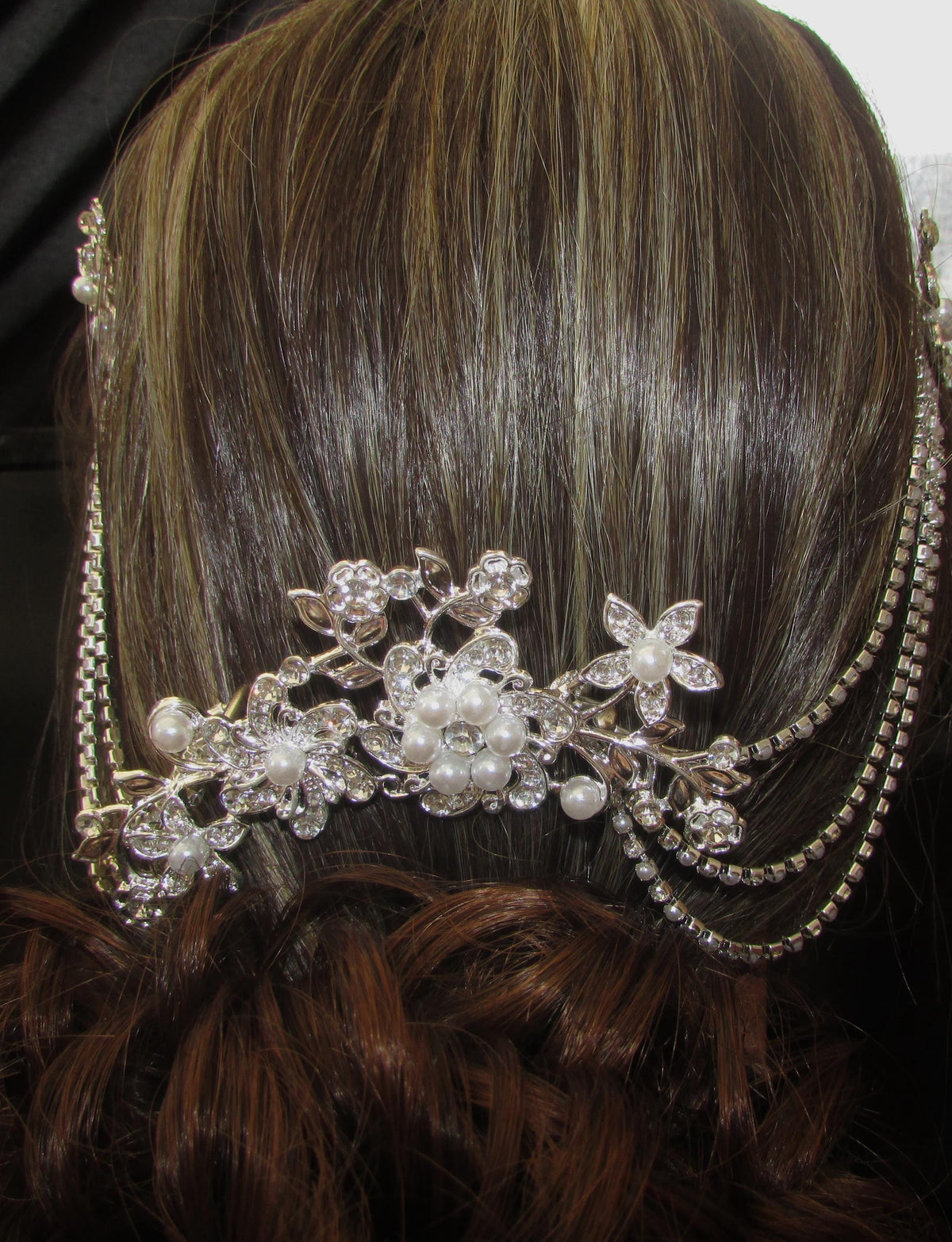 Pearl and Diamante rhinestone wedding hair chain and comb hair accessory. 3 rows. Bridal headpiece accessory.