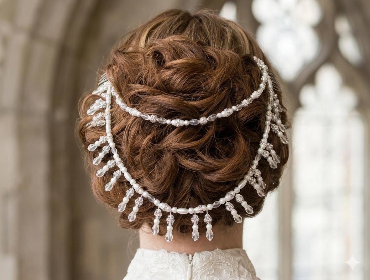 Crystal pearl diamante teardrop wedding hair chain accessory comb. Choose 2 rows. Bridal headpiece.