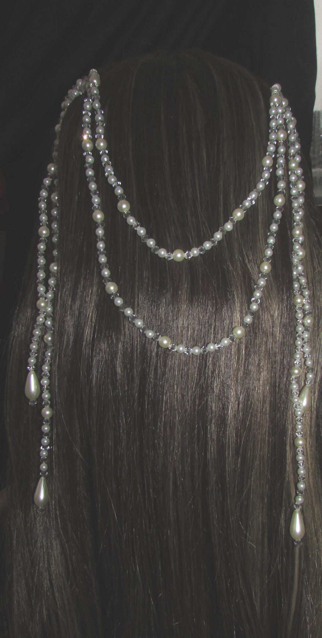 Crystal and pearl teardrop wedding hair chain accessory comb. Choose 2 or 3 rows. Bridal headpiece.