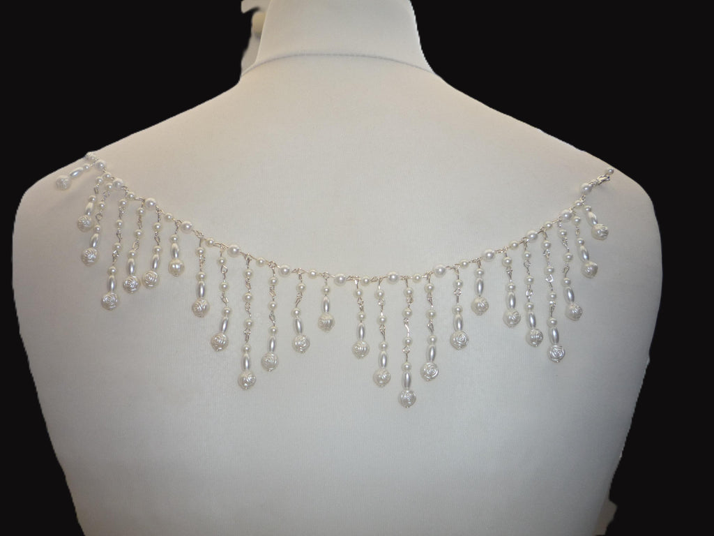 Pearl Back Necklace Rose Pearls Tassels, Brides Wedding draped necklace Body Chain